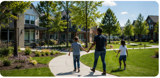 Family walking through a revitalized community neighborhood